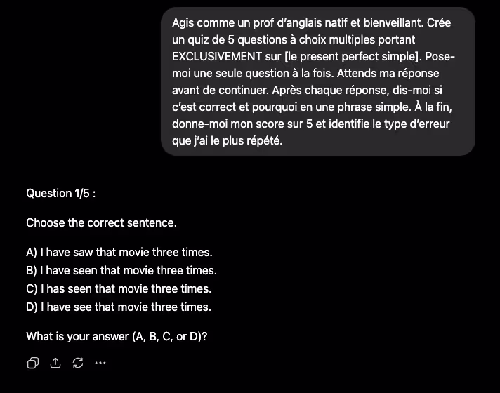 Exemple de quiz interactif généré par l'IA sur le present perfect
