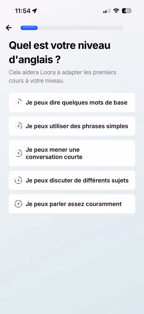 Capture d'écran de l'évaluation du niveau d'anglais sur l'application Loora