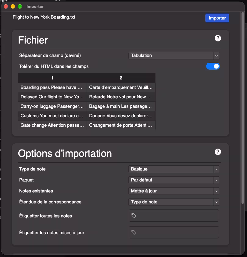 Fenêtre d'importation Anki avec séparateur tabulation et option HTML cochée sur Mac