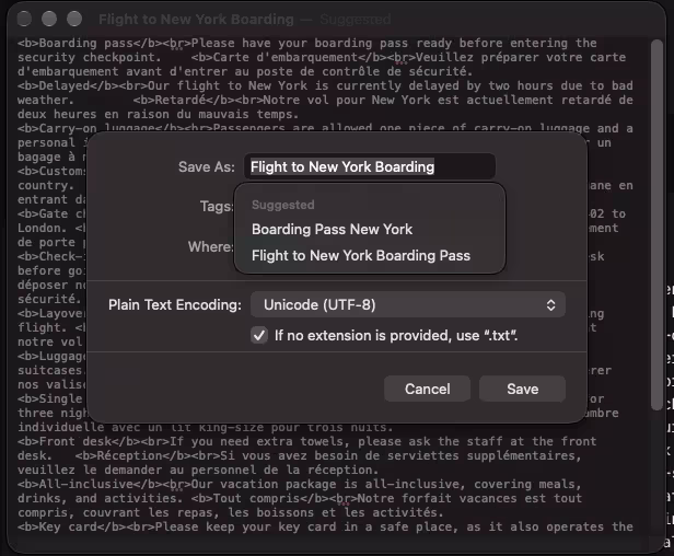 Fenêtre d'enregistrement du fichier texte avec sélection de l'encodage UTF-8 sur Mac